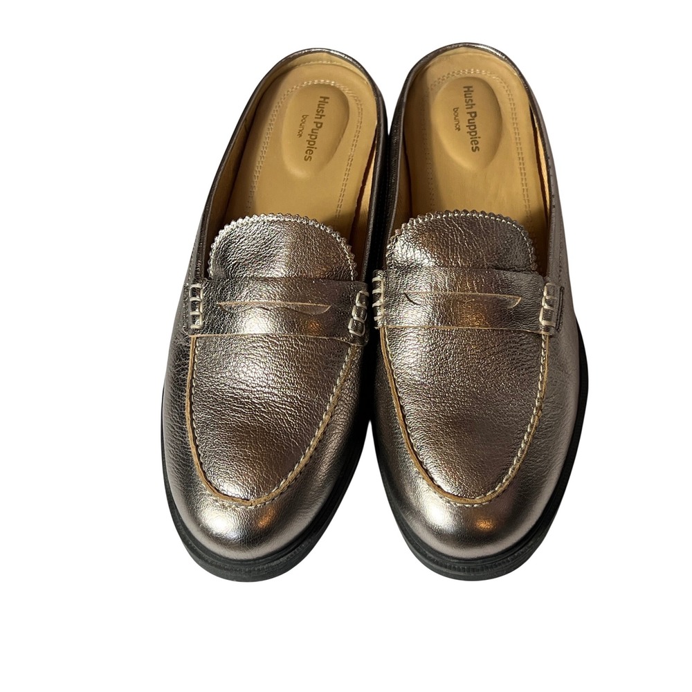 Hush Puppies Womens Metallic Silver Leather Penny Loafer Mules Bounce Size‎ 9.5